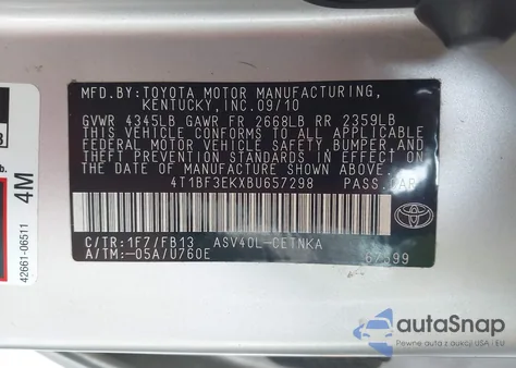 2011 Toyota Camry Le from USA, damaged, VIN 4T1BF3EKXBU657298